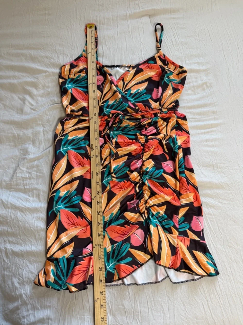 Tropical‎ Print Belted Ruched Ruffle Hem Dress Size Medium